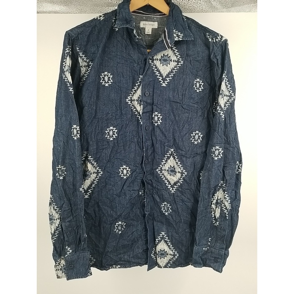 Sun + Stone Mens Aztec Denim Long Sleeve Shirt Size M Blue Geometric Button Up